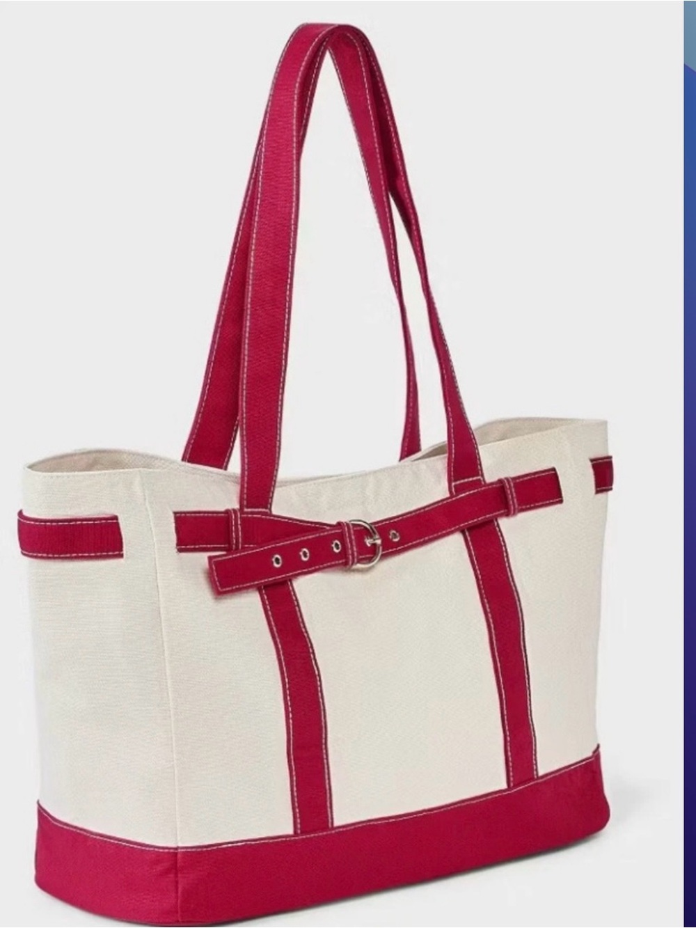Canvas Tote Bag with Red Trim - Women's Everyday Shoulder Bag